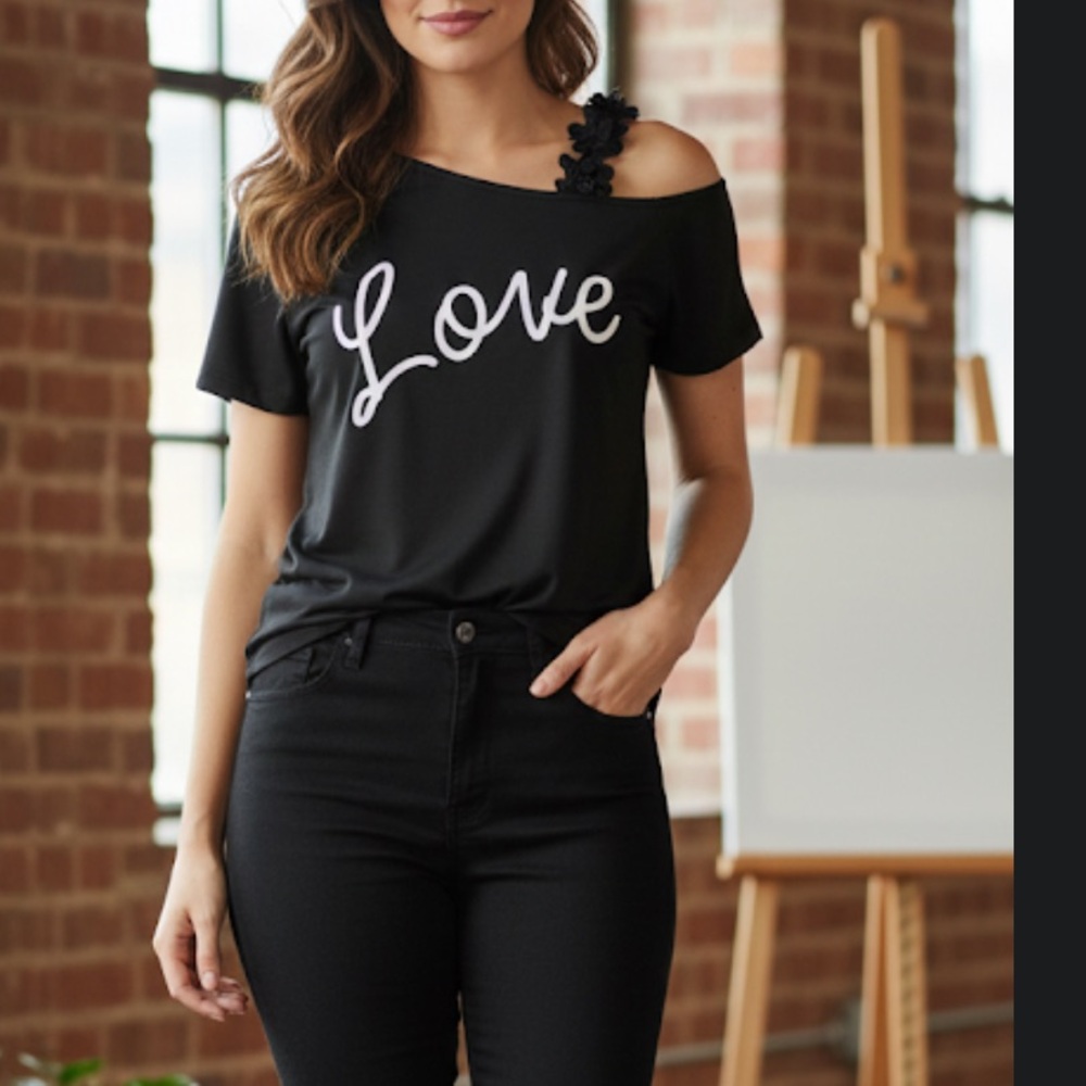 SHEIN Black 'Love' Short Sleeve Top